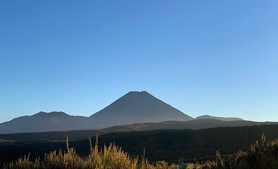 Mt Ngauruhoe, Tongariro Alpine Crossing early morning with blue sky