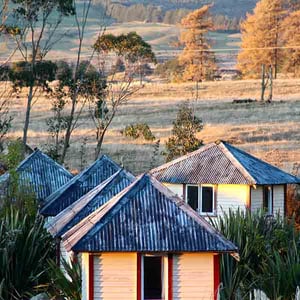 Discovery Lodge Tongariro camping huts with alpine meadows in the background