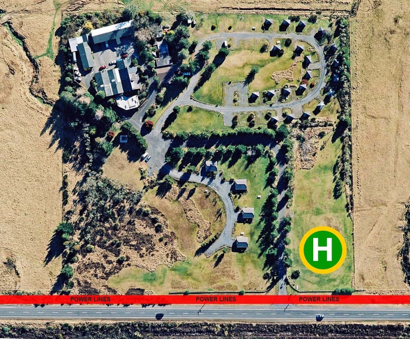 An aerial view of Discovery Lodge Tongariro showing the Helipad site