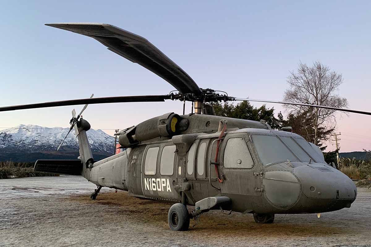 Kahu Blackhawk on a frosty morning at Discovery helipad with Mt Ruapehu in the background
