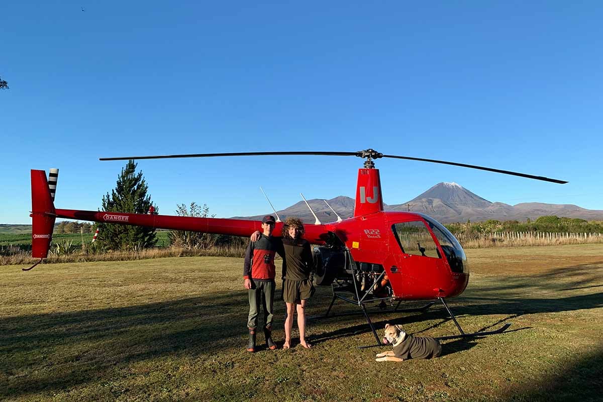 Steve's ZK-HIJ with Abel & Cody with Mt Ngauruhoe in the background