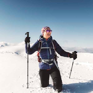 Happy lady Tongariro Alpine Crossing winter 