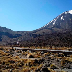 A hiker standing on board walk in the Mangatepopo Valley taking a photo of Mt Ngauruhoe