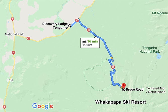 A google map showing proximity of Discovery lodge to Whakapapa Mt Ruapehu