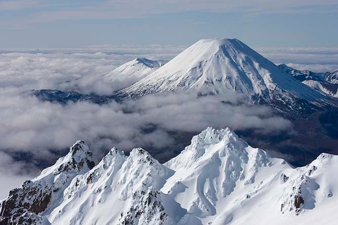 A view of Mt Ngauruhoe with the Pinnacles in the foreground at Whakapapa Mt Ruapehu 