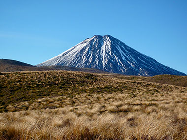 The active volcano of Mt Ngauruhoe with blue sky and golden tussock grass 