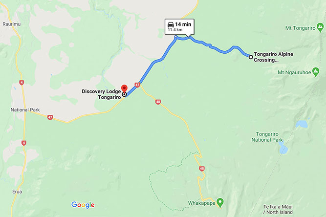 A google map showing Discovery lodge is the closest accommodation and camping to the Tongariro Alpine Crossing